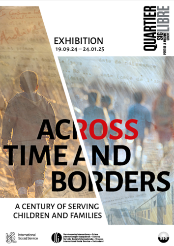 Grafik mit dem Titel "across time and borders" und Datum der Ausstellung – 